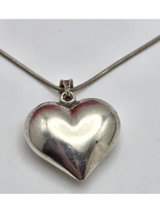 Vintage 925 Italy Sterling Silver Puffy Heart Pendant Necklace Snake Chain 17” - Picture 2 of 9